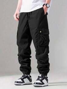 Shendy Vendy Pantalones Jogger Con Puños Y Cintura Elástica Con Cordón Y Bolsillos Inclinados Sueltos Para Hombre - Negro - Ver 1