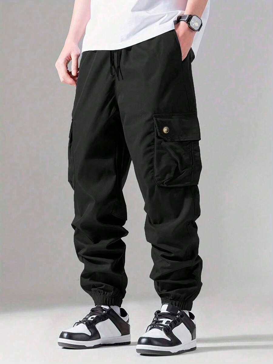 Shendy Vendy Pantalones Jogger Con Puños Y Cintura Elástica Con Cordón Y Bolsillos Inclinados Sueltos Para Hombre - Negro - Ver 1