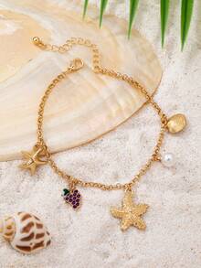 1pc Niche Design Elegant Starfish & Shell Anklet, Suitable For Women's Daily And Beach Vacation Wear - Gold - View 5