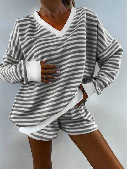 Women's Striped Long Sleeve V-Neck Top & Shorts Casual Homewear Lounge Set Cozy Outfit, Fall Winter Clothes