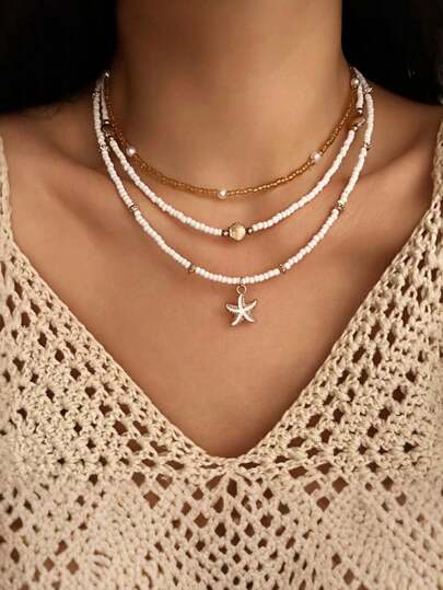 Set de 3 collares con colgante de perla, concha y estrella de mar vintage bohemio para mujeres (la cantidad de cuentas hechas a mano puede variar ligeramente de la imagen)
