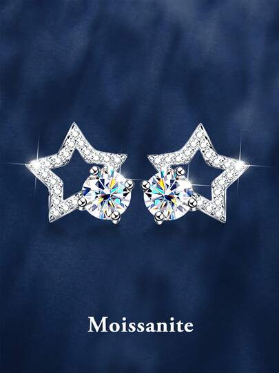 2pcs 925 Silver 0.5Carat X 2 Moissanite Star Stud Earrings, Elegant Fashion Jewelry Gift For Women, Suitable For Daily Wear, Party, Holiday, Valentine's Day, Mother's Day, Christmas, Birthday