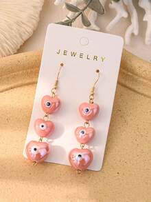 A Pair Of Ceramic Demon's Eye Blue-Eyed Heart-Shaped Earrings, Suitable For Ladies To Wear At Music Festivals And Parties - Multicolor - View 3