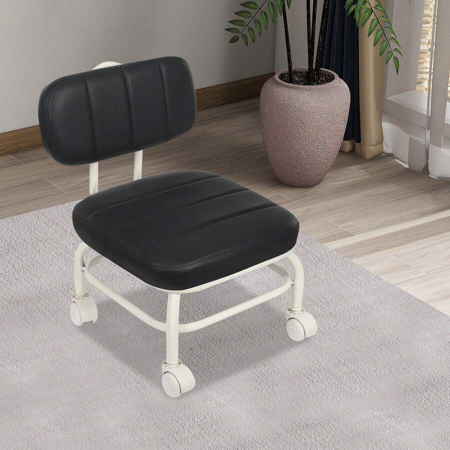 Modern Backrest Stool With Wheels, 4 Rolling Swivel Stools With Back Support For Adults - Adjustable Seat Stool, Soft PU Cushioned Stool For Home Office Kitchen, Gray Black Blue Options (440lb Capacity) - Black - View 1