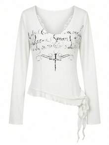 V领蕾丝性感长袖T恤，饰有缎带，修身休闲女式上衣，春夏款 - 白色 - 查看 7