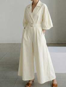 新款女士休闲优雅纯色翻领长款连体裤，配双排扣金属腰带，适合通勤、办公、派对、日常穿着、街头风，复古时尚夏季连体裤 - 杏色 - 查看 5