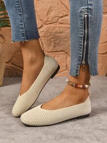 Women's Flat Loafers, Fashionable Knitted Soft Comfortable Breathable Lightweight Slip-On Flat Shoes, Minimalist Casual Elegant Square Toe Shoes - Beige - View 3