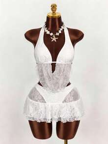 Conjunto de 3 piezas sexy y elegante para mujer: Conjunto de bikini de camisola de encaje con escote en V profundo, combinado con un vestido mini bohemio de unicolor con doble volante en el bajo, adecuado para vacaciones en la playa, fiestas de piscina, bodas y salidas diarias de verano - Blanco - Ver 4