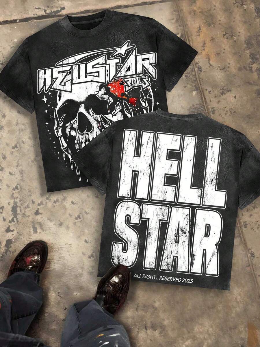 Skull Print & "HELL STAR" Text Men's 230g Combed Washed Cotton T-Shirt, Street  Short-Sleeve Top, American Dark Hardcore Style Apparel, Spring Summer Crew Neck Top, Suitable For Summer Daily Casual Wear - 黑色 - 查看 1