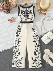 Bộ áo liền quần không tay, cạp chun co giãn cho bé gái, họa tiết hoa in kỹ thuật số, cài khuy phía sau, ống rộng, thích hợp cho kỳ nghỉ và quà tặng. - Rượu sâm banh - Xem 2