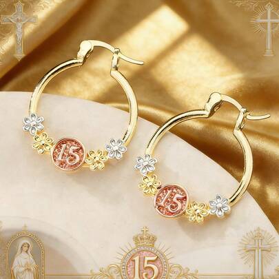1 đôi/2 chiếc khuyên tai hình hoa số 15 kiểu Bohemian bằng đồng, trang sức tôn giáo dành cho nữ, phụ kiện dự tiệc sinh nhật và lễ rước lễ cho bé gái.