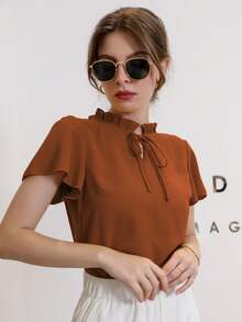 SUNSTORY 女士纯色性感短袖上衣，适合海滩早午餐、办公室茶话会、演出、休闲户外度假等场合，也可作为秋季连衣裙、复古衬衫、休闲上衣或优雅通勤商务度假上衣穿着。 - 鏽棕色 - 查看 4