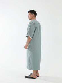 New Arrival Black Loose Casual Muslim Three-Quarter Sleeve Men's Robe, Middle Eastern Leisure Long Robe - Mint Green - View 3
