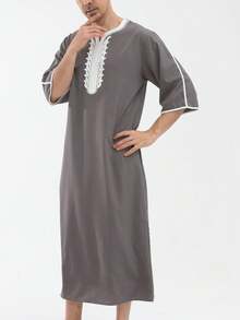 New Arrival Black Loose Casual Muslim Three-Quarter Sleeve Men Robe, Middle Eastern Style Leisure Long Robe - Grey - View 2