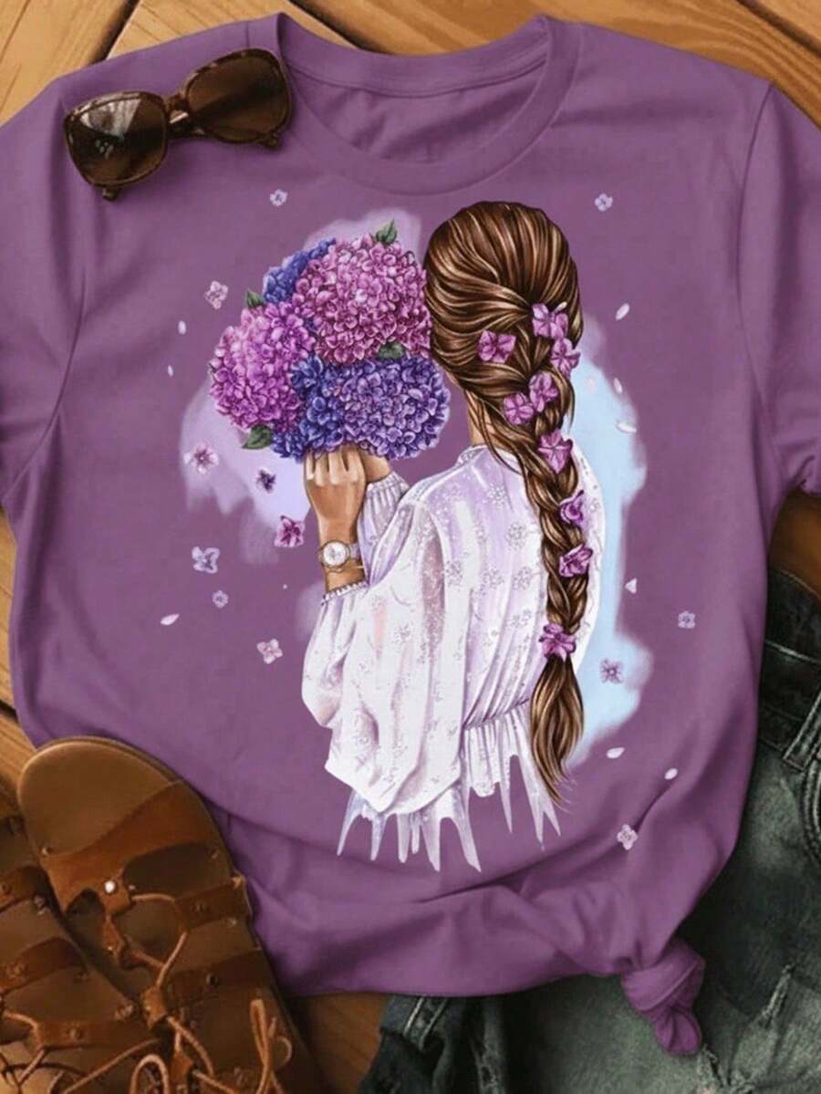 Stylish Women's Floral Hair Print T-Shirt - New Release - 100% Cotton T-Shirt - Loose Oversized Plus Size T-Shirt - Estampae - 紫色 - 查看 1