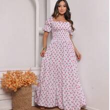 Women's Dress, All-Over Leaf Print, Boho Style, Fabric, Hem With Ruffles, Gathered Ruffles, Long Style, Beach, Night, Birthday Party, Baby Shower, Garden, Photoshoot - 櫻桃 - 查看 2