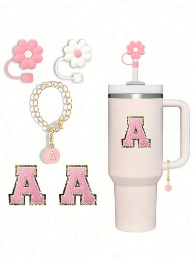 5件套硅胶杯配件套装，适用于 - 字母刺绣设计、花朵吸管塞盖、防尘盖，适用于运动水壶、水壶配件、瓶盖、字母吊坠、可调节金属链杯饰，适合30-40盎司杯子，吸管直径9-10毫米，可爱字母装饰，耐用杯盖，趣味实用，是情人节、婚礼季、纪念品、伴娘礼物、斋月的理想之选。