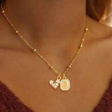 1件装时尚经典心形字母吊坠金色不锈钢珠链项链，女士款 - 金黃色 - 查看 1