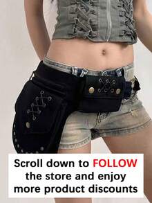 New Classic Retro Style Unisex Waist Bag, Multi-Pocket Design, Casual Minimalist Fashion, Versatile Use, Rivet Embedded Phone & Coin Pouch, Suitable For Outdoor Hiking, Camping, Cycling - Black - View 2