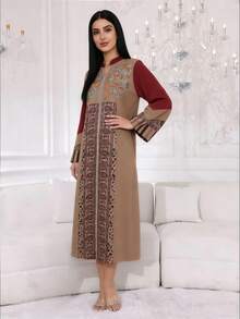 2026 New Style Ramadan Traditional Elegant Embroidered V-Neck Long Sleeve Dress, Jalabia Arabic Women Clothing - Apricot - View 5