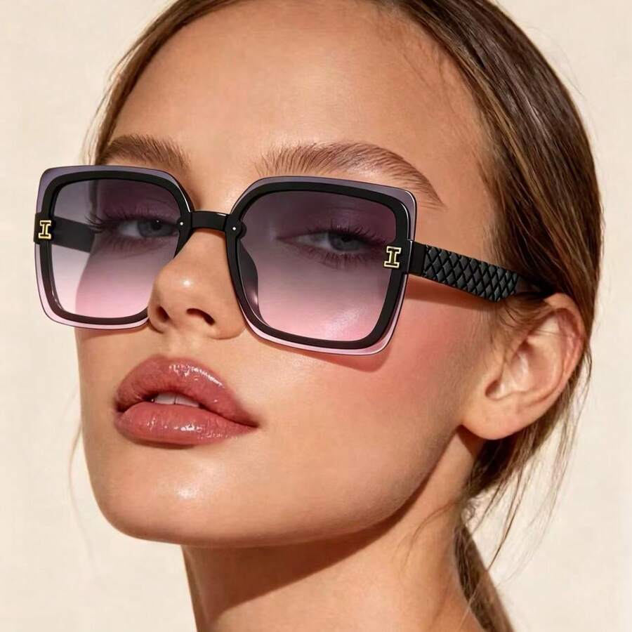 1pc Large Frame Ombre Studded Fashion Fashion Glasses, Street Style - Black - View 1