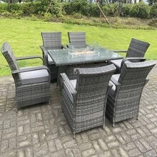 Fimous Rattan Garden Furniture Gas Fire Pit Rectangular Dining Table Gas Heater And Dining Chairs 6 Seater - 6 Sillas + Mesa Rectangular con Brasero (140*80*72 cm) - Ver 1