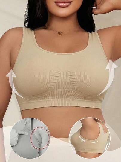 Sujetador sin costuras inalámbrico de mujer talla grande en beige acanalado, ropa interior moldeadora cómoda y transpirable, adecuada para usar a diario
