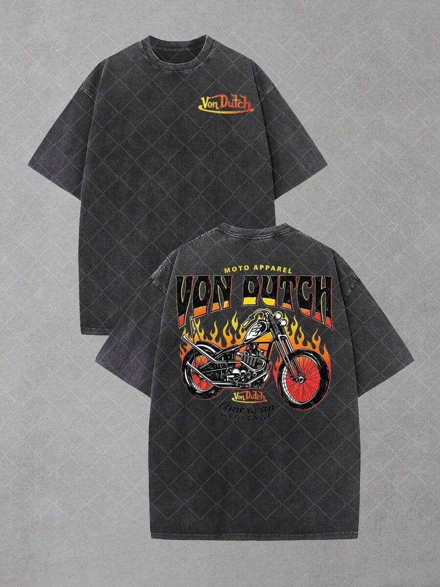 Van Dutch Flame Moto American Heritage Graphic Men's Vintage Washed Oversized Crew Neck Short Sleeve T-Shirt - Soft Breathable Cotton Fabric For Car Shows & Daily Casual, Must-Have Gift For Gearheads, Camisas Para Hombre, Men's Graphic Tee Streetwear - màu đen - Xem 1
