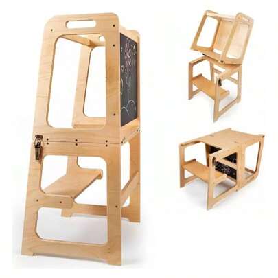 Torre de Aprendizaje para Niños Pequeños con Barandilla, Taburete de Cocina de Madera con Pizarra