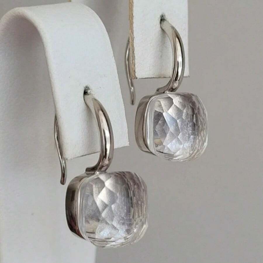 时尚简约方形吊坠耳环，优雅白色百搭女士首饰 - 銀色 - 查看 1