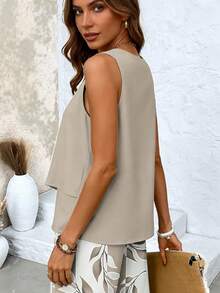 Conjunto Feminino com Regata Decote Quadrado e Calça Larga Cintura Alta Verão ,Design de bainha dupla - Caqui - Visão 7