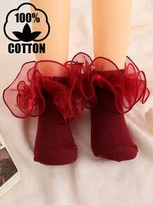 1 Pair Cotton Baby Girls' Socks With Big Lace Ruffle, 3D Lace Princess Ballet Socks - Burgundy - View 2