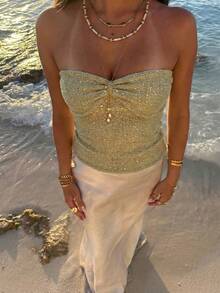 1pc Women's Twist Knot Waist Beaded Camisole Top, Suitable For Daily Wear And Beach Vacation, Spring/Summer - Green - View 3