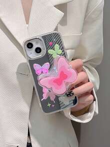 INS Cute Glitter Butterfly Inflatable Phone Holder, Foldable Extendable Adhesive Bubble Phone Stand, Glitter Butterfly Stand, Mirror Phone Case, TPU Material, Reserved Lanyard Hole - Multicolor - View 2