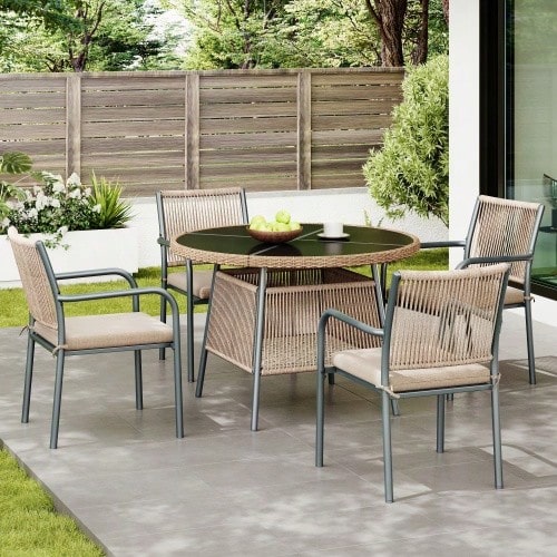 Modern Rattan Garden Furniture Set, Including A Round Glass Table And Four Armchairs, With An Iron Frame. Ideal For A Terrace, Balcony Or Patio. - Grey - View 1