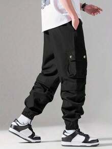 Shendy Vendy Pantalones Jogger Con Puños Y Cintura Elástica Con Cordón Y Bolsillos Inclinados Sueltos Para Hombre - Negro - Ver 2
