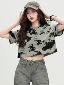 JUTU Summer Grey Round Neck Short Loose Letter Print T-Shirt, Fashionable Versatile Tie-Dye Cropped Top, Casual - 396 Cement Ash - View 5