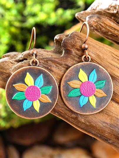 1对女士优雅圆形几何耳环，彩色花卉铜质金属装饰，适合日常佩戴