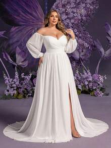 Faeriesty Đầm cưới trễ vai kiểu quấn, đầm cưới dài tay màu trắng thanh lịch, đầm dự tiệc cô dâu mùa xuân - trắng - Xem 8