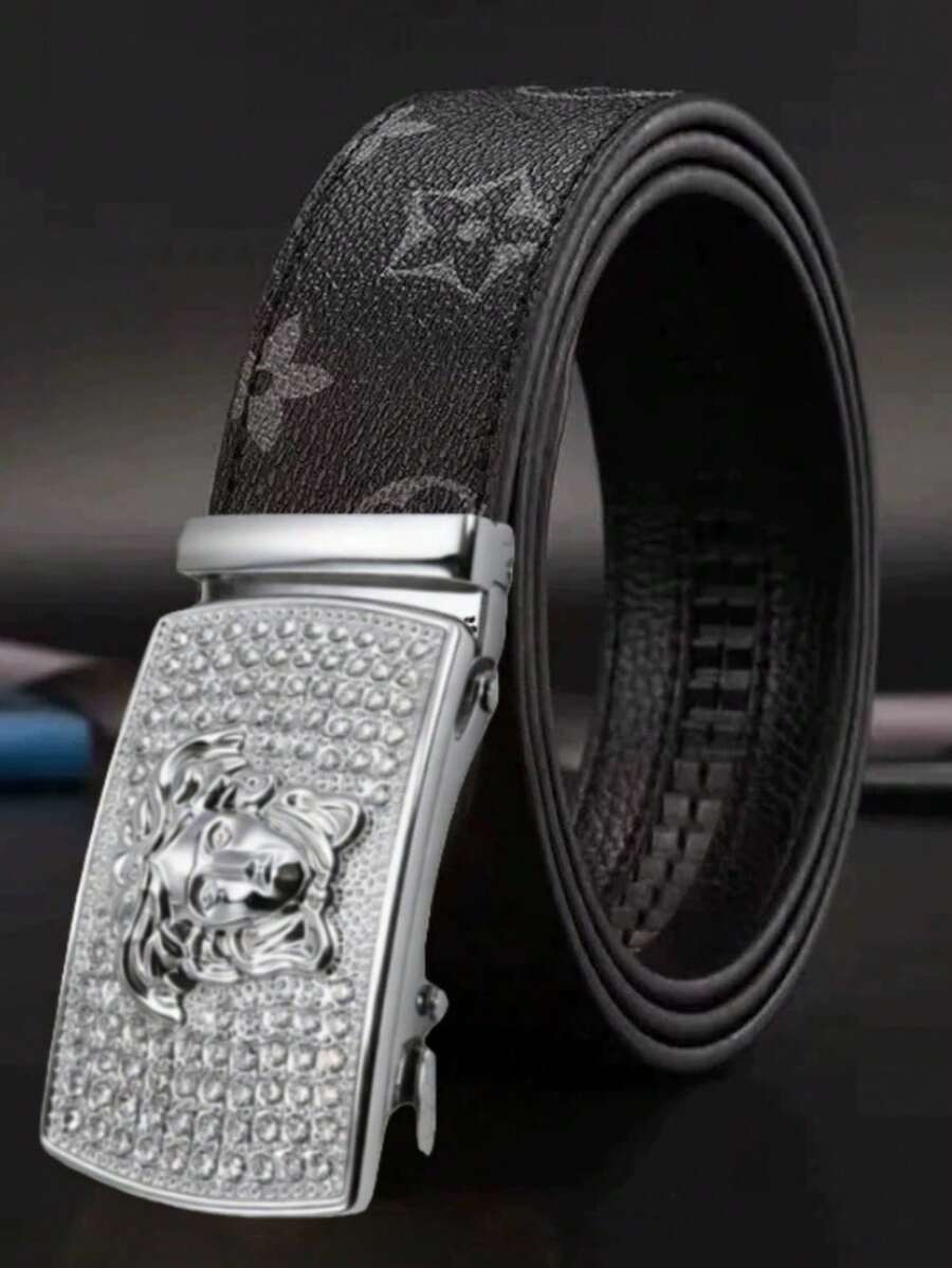 2026新款男士自动扣PU皮腰带，商务休闲腰带，配合金金属水钻扣，耐磨，可调节，适合搭配西装/牛仔裤 - 彩色 - 查看 1