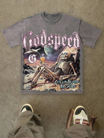 Vintage Washed Cotton 230g Printed T-Shirt, Skeleton Astronaut Godspeed "CHILLIN BEYOND THE STARS" Theme, Distressed Washed Craft, Streetwear Cotton Tee, Holiday Gift