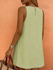 Vestido de mujer con diseño de estrella de mar, cuello redondo, sin mangas, de estilo minimalista y elegante en color caqui, adecuado para el uso diario en primavera y verano - Verde - Ver 6