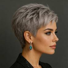 Peluca de cabello humano brasileño con flequillo, color gris, corte pixie de 4 pulgadas, sin pegamento, fácil de usar para cosplay, look recto y con capas, ideal para cosplay, fiestas y citas de mujeres, uso de bailarines/raperos de música Hi-POP, estilo coreano y K-Pop, con estilos versátiles (casual, elegante, preppy, modesto, romántico, glamoroso, vintage, deportivo, lindo, real, simple, vacacional, diario, festivo) - SGray - Ver 4