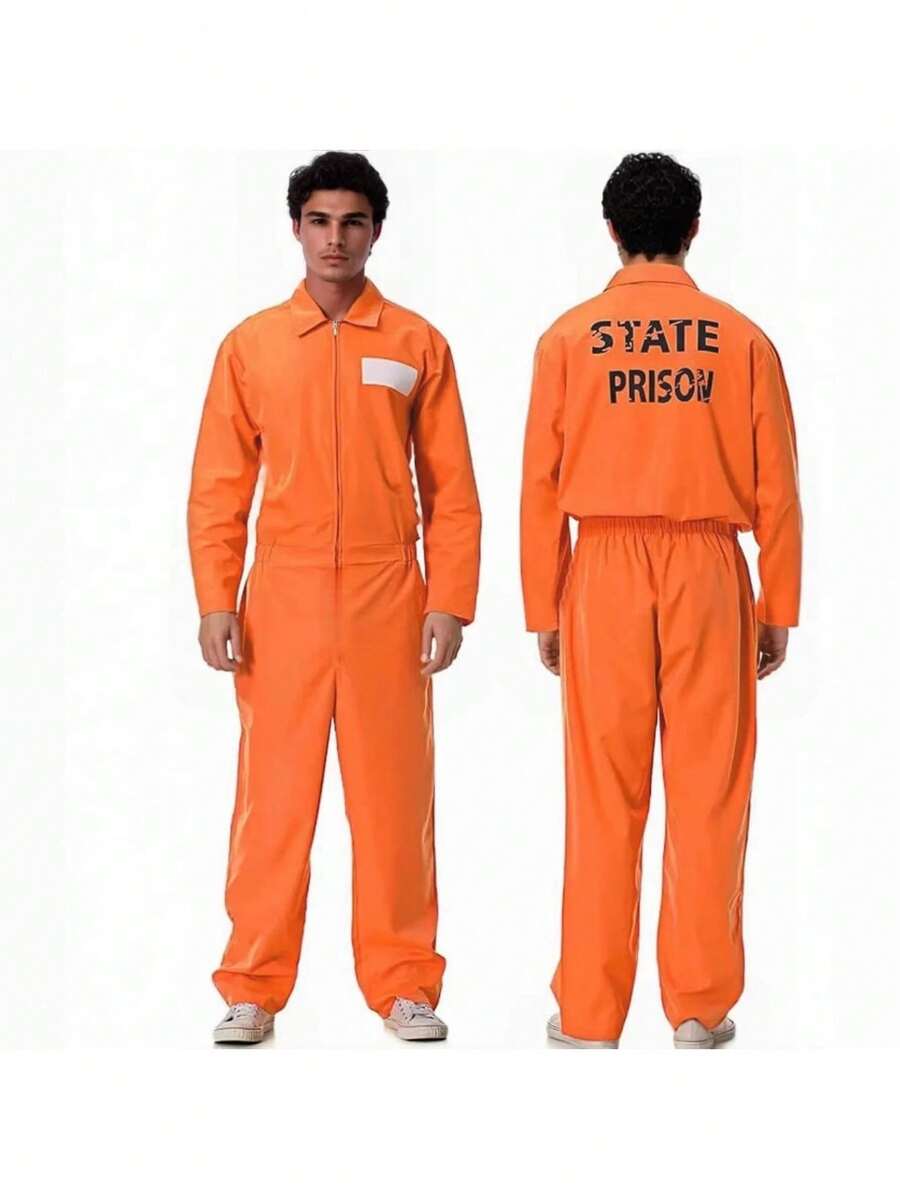 1 Set Halloween Cosplay Prisoner Costume, Convict Outfit Prison Uniform Orange Prisoner Suit Spring Fall - Orange - View 1
