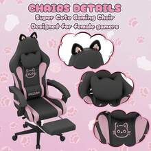 Ergonomic Gaming Chair With Cat Ears, Massage Lumbar Support & Footrest – Cute Computer Chair For Girls With Headrest, Reclining, 290lbs Capacity, Adjustable Armrests - Black and Pink - View 4