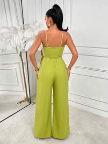 AIJ Amarilo Women's Lime Green Elegant Spaghetti Strap V Neck Button Front Wide Leg Jumpsuit For Summer Vacation Casual - Yellow Green - View 2