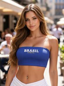 BELLA  NET Women's Strapless Cropped Top/Blouse, Brazil Fan Edition, World Cup 2026 - Blue - View 6