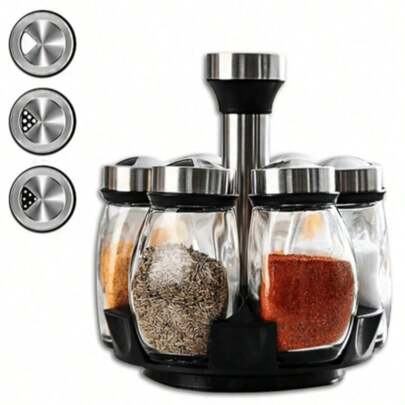 JUEGO de Especiero con 6 Frascos De Vidrio Giratorio