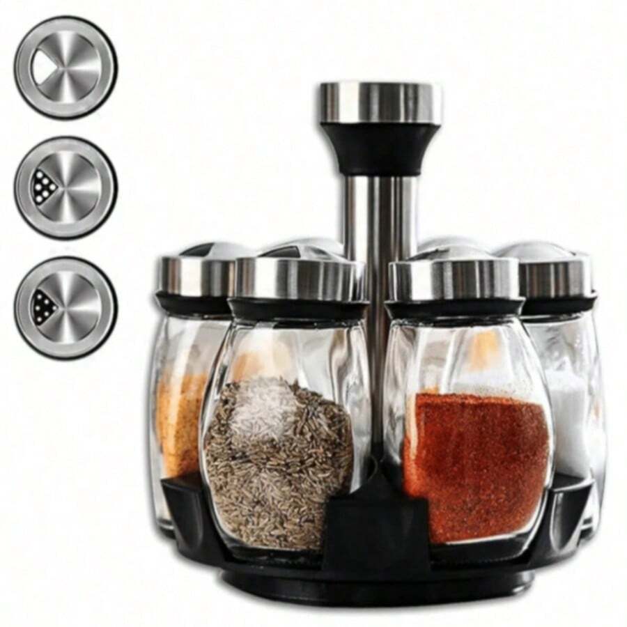 JUEGO de Especiero con 6 Frascos De Vidrio Giratorio - Negro - Ver 1