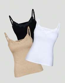 Set Of 3 Padded Blouses With Lace Detail, Plain Print, Basic Everyday Wear - Black White Beige - View 1
